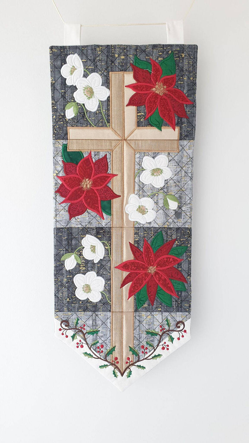 Cross and Christmas Flowers Wall Hanging 5x7 6x10 7x12 - Sweet Pea