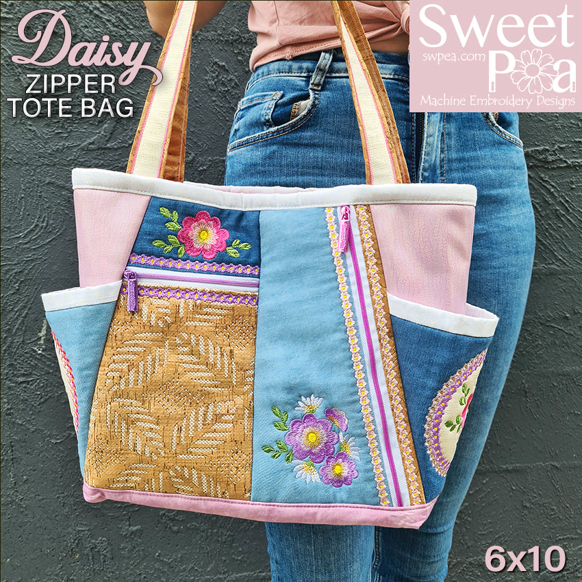 Daisy Zipper Tote Bag 6x10 - Sweet Pea Australia In the hoop machine embroidery designs. in the hoop project, in the hoop embroidery designs, craft in the hoop project, diy in the hoop project, diy craft in the hoop project, in the hoop embroidery patterns, design in the hoop patterns, embroidery designs for in the hoop embroidery projects, best in the hoop machine embroidery designs perfect for all hoops and embroidery machines