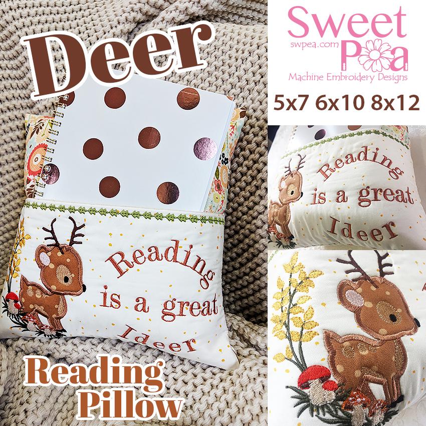 Deer Reading Pillow 5x7,  6x10 8x12 - Sweet Pea Australia In the hoop machine embroidery designs. in the hoop project, in the hoop embroidery designs, craft in the hoop project, diy in the hoop project, diy craft in the hoop project, in the hoop embroidery patterns, design in the hoop patterns, embroidery designs for in the hoop embroidery projects, best in the hoop machine embroidery designs perfect for all hoops and embroidery machines