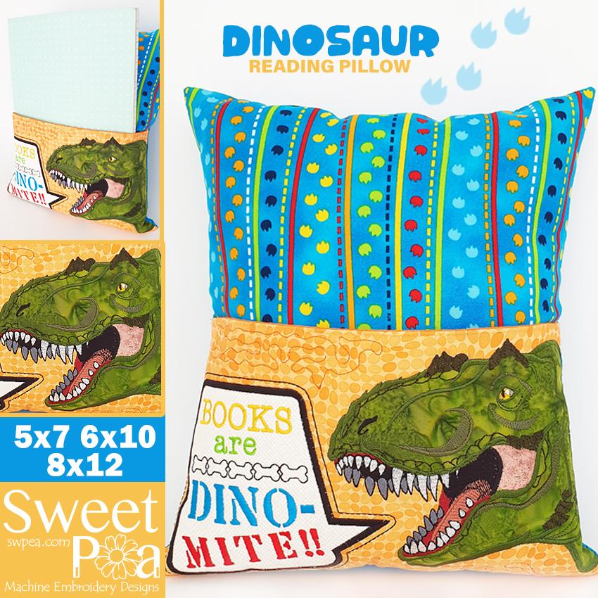 Dinosaur Reading Pillow 5x7 6x10 8x12 - Sweet Pea Australia In the hoop machine embroidery designs. in the hoop project, in the hoop embroidery designs, craft in the hoop project, diy in the hoop project, diy craft in the hoop project, in the hoop embroidery patterns, design in the hoop patterns, embroidery designs for in the hoop embroidery projects, best in the hoop machine embroidery designs perfect for all hoops and embroidery machines