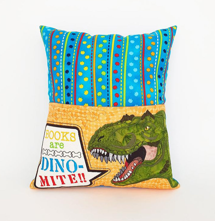 Dinosaur Reading Pillow In the hoop machine embroidery design for kids by sweet pea