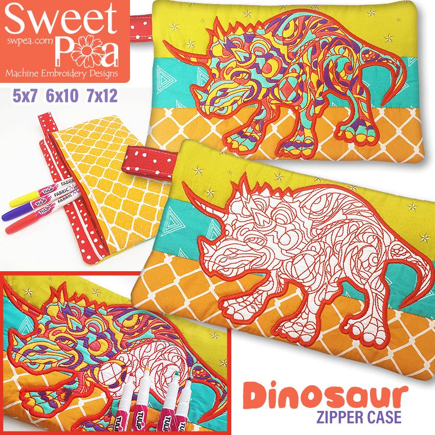 Redwork adult colouring - Dinosaur Zipper Purse machine embroidery
