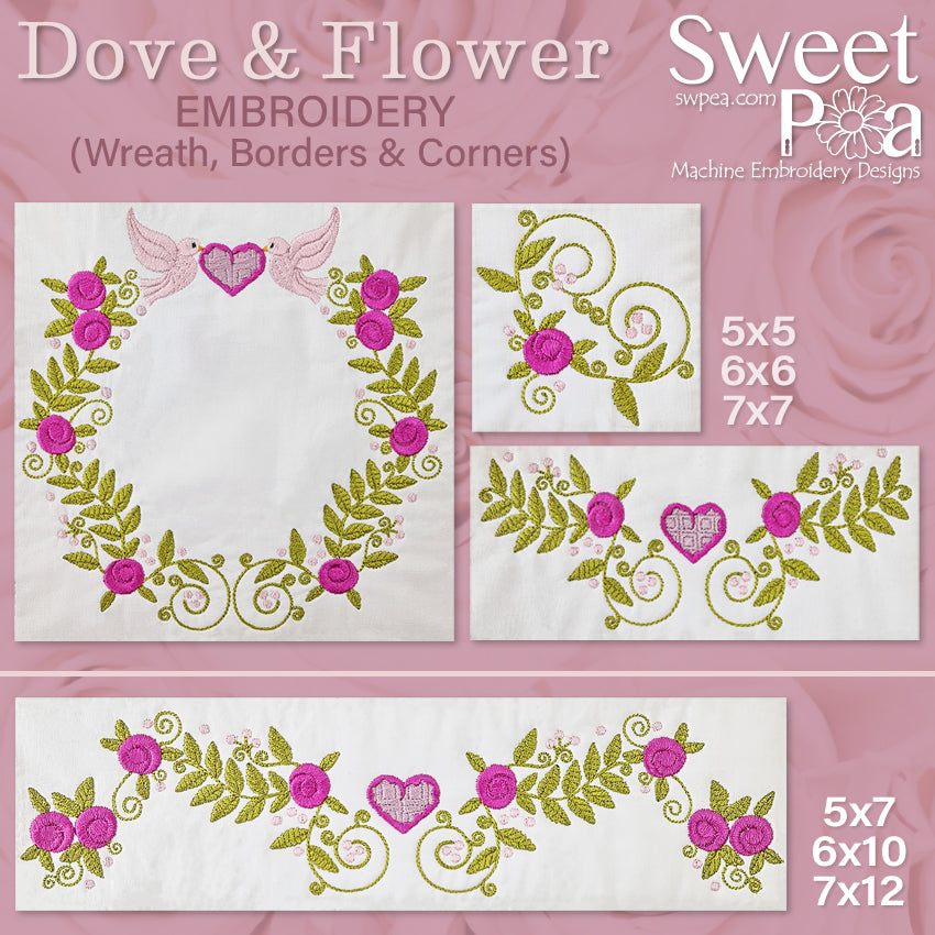 Dove & Flower Embroidery (Wreath, Borders & Corners) - Sweet Pea Australia In the hoop machine embroidery designs. in the hoop project, in the hoop embroidery designs, craft in the hoop project, diy in the hoop project, diy craft in the hoop project, in the hoop embroidery patterns, design in the hoop patterns, embroidery designs for in the hoop embroidery projects, best in the hoop machine embroidery designs perfect for all hoops and embroidery machines