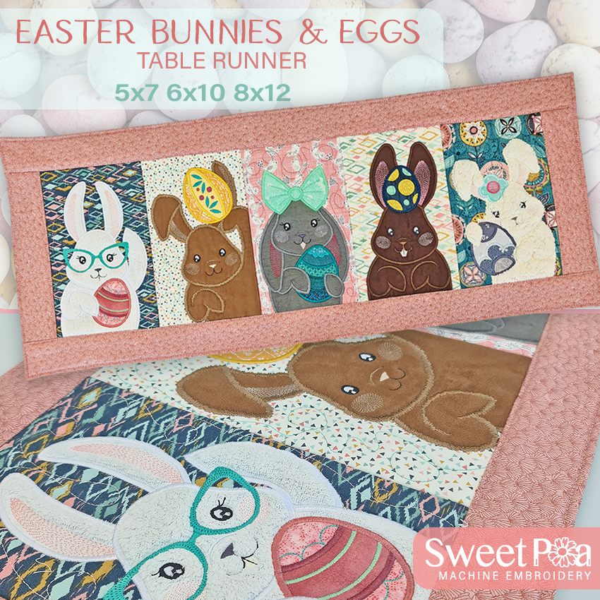 Easter Bunnies and Eggs Table Runner 5x7 6x10 8x12 - Sweet Pea Australia In the hoop machine embroidery designs. in the hoop project, in the hoop embroidery designs, craft in the hoop project, diy in the hoop project, diy craft in the hoop project, in the hoop embroidery patterns, design in the hoop patterns, embroidery designs for in the hoop embroidery projects, best in the hoop machine embroidery designs perfect for all hoops and embroidery machines