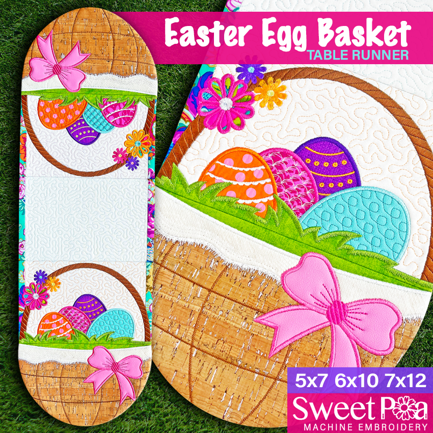 Easter Egg Basket Table Runner 5x7 6x10 7x12 - Sweet Pea In The Hoop Machine Embroidery Design hoop machine embroidery designs, embroidery patterns, embroidery set, embroidery appliqué, hoop embroidery designs, small hoop designs, the best in the hoop machine embroidery designs, the best in the hoop sewing and embroidery designs