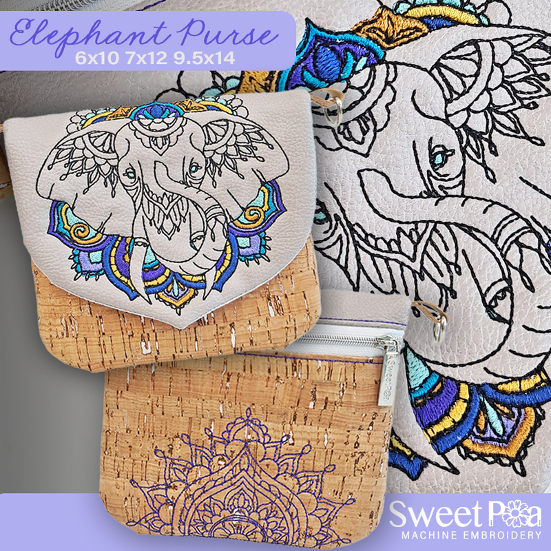 Elephant Purse 6x10 7x12 9.5x14 - Sweet Pea In The Hoop Machine Embroidery Design