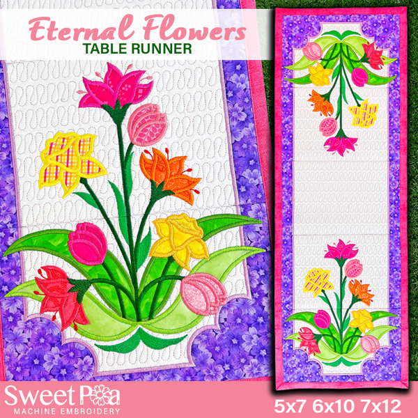 Eternal Flowers Table Runner 5x7 6x10 7x12 - Sweet Pea In The Hoop Machine Embroidery Design