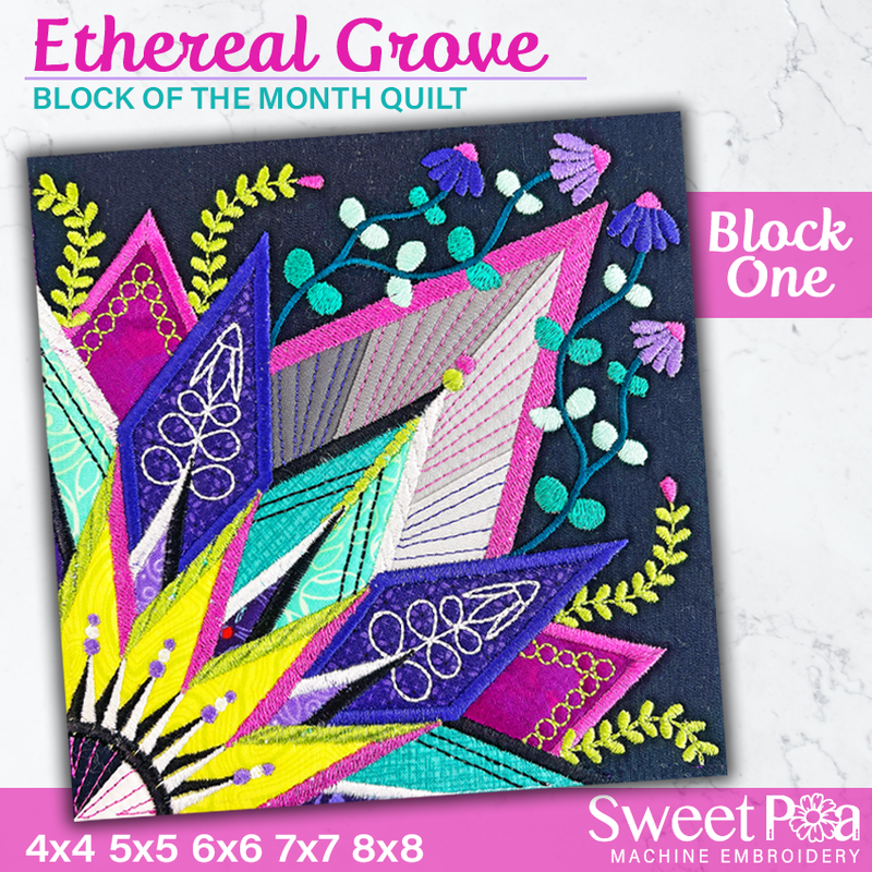 BOM Ethereal Grove Quilt - Block 1 - Sweet Pea In The Hoop Machine Embroidery Design hoop machine embroidery designs, embroidery patterns, embroidery set, embroidery appliqué, hoop embroidery designs, small hoop designs, the best in the hoop machine embroidery designs, the best in the hoop sewing and embroidery designs