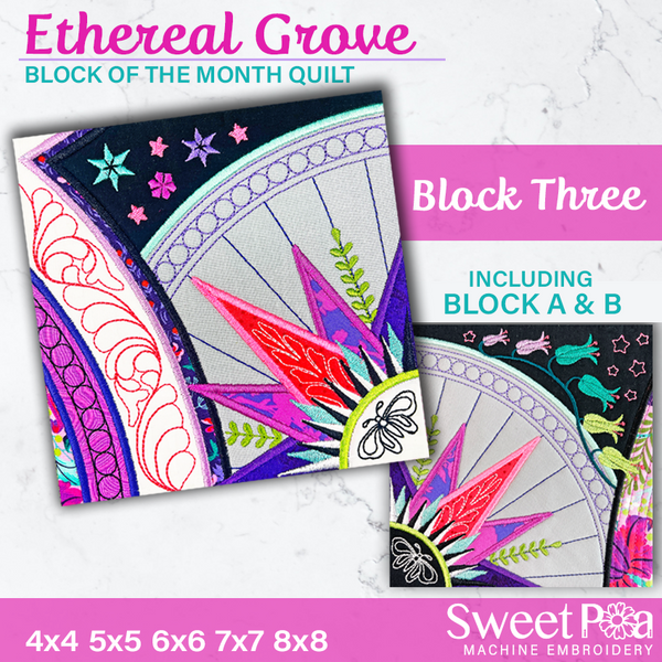BOM Ethereal Grove Quilt - Block 3 - Sweet Pea In The Hoop Machine Embroidery Design hoop machine embroidery designs, embroidery patterns, embroidery set, embroidery appliqué, hoop embroidery designs, small hoop designs, the best in the hoop machine embroidery designs, the best in the hoop sewing and embroidery designs