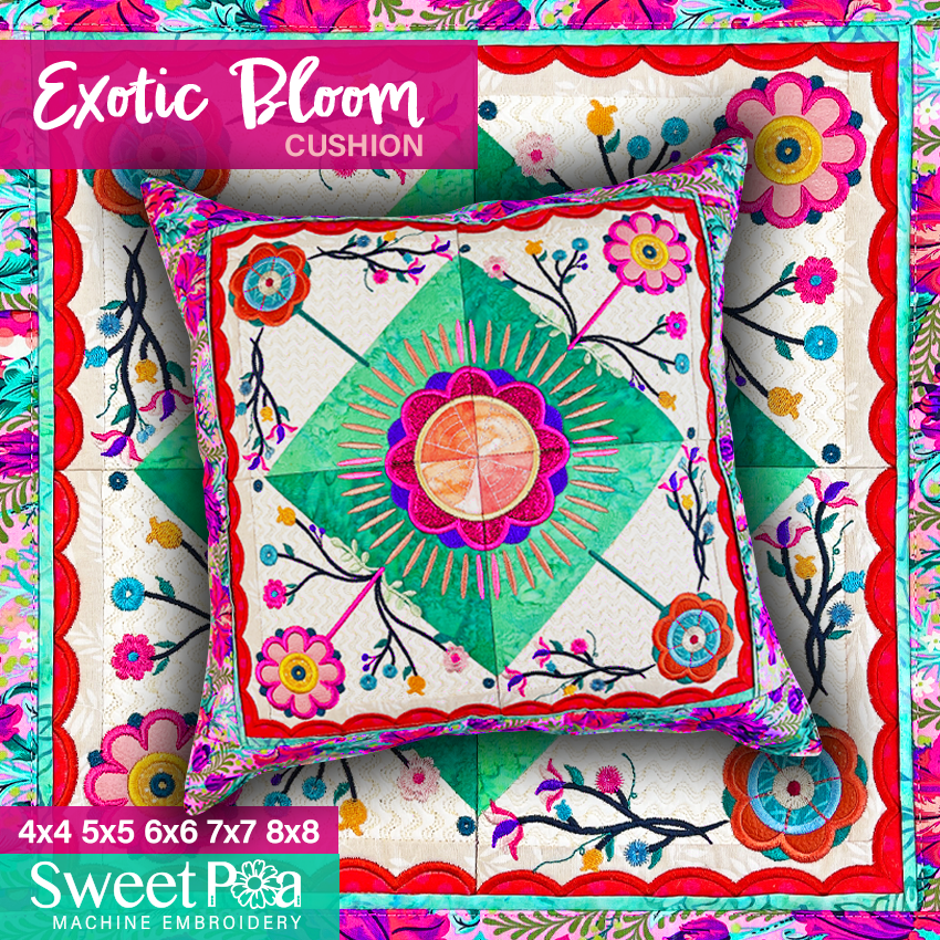 Exotic Bloom Cushion 4x4 5x5 6x6 7x7 8x8 In the hoop machine embroidery designs