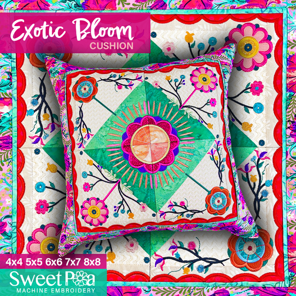 Exotic Bloom Cushion 4x4 5x5 6x6 7x7 8x8 - Sweet Pea In The Hoop Machine Embroidery Design hoop machine embroidery designs, embroidery patterns, embroidery set, embroidery appliqué, hoop embroidery designs, small hoop designs, the best in the hoop machine embroidery designs, the best in the hoop sewing and embroidery designs