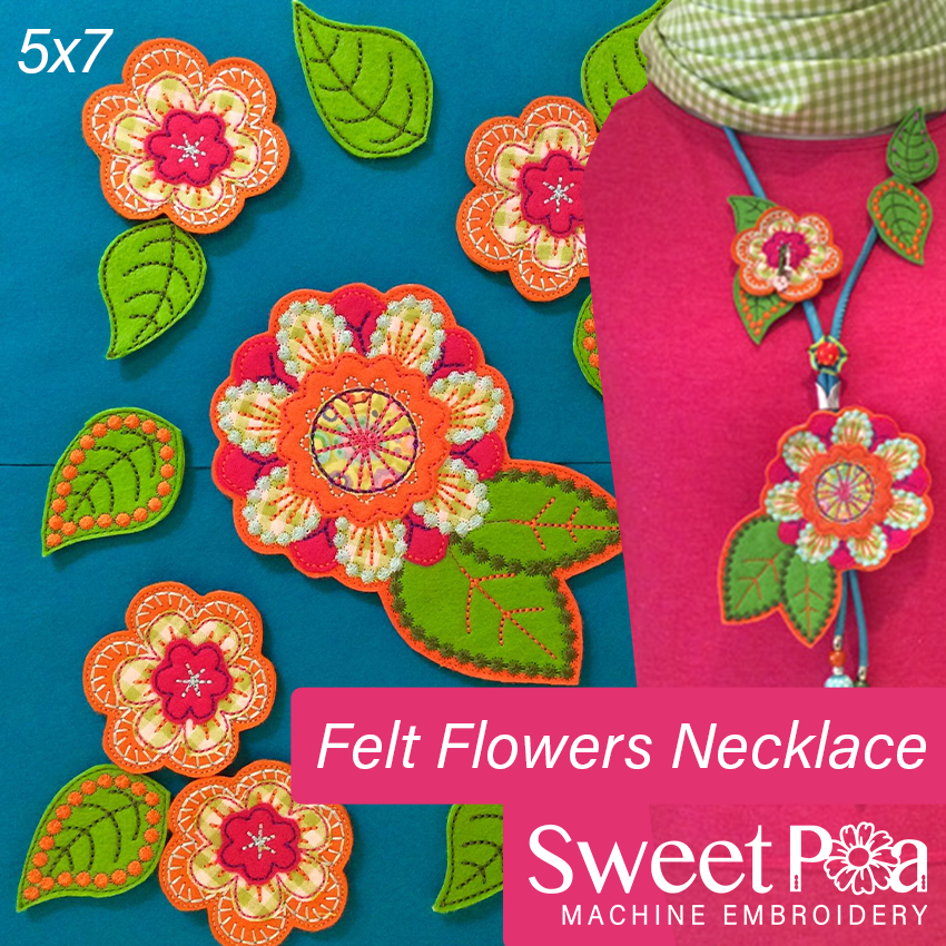 Felt Flowers Necklace 5x7 - Sweet Pea Australia In the hoop machine embroidery designs. in the hoop project, in the hoop embroidery designs, craft in the hoop project, diy in the hoop project, diy craft in the hoop project, in the hoop embroidery patterns, design in the hoop patterns, embroidery designs for in the hoop embroidery projects, best in the hoop machine embroidery designs perfect for all hoops and embroidery machines