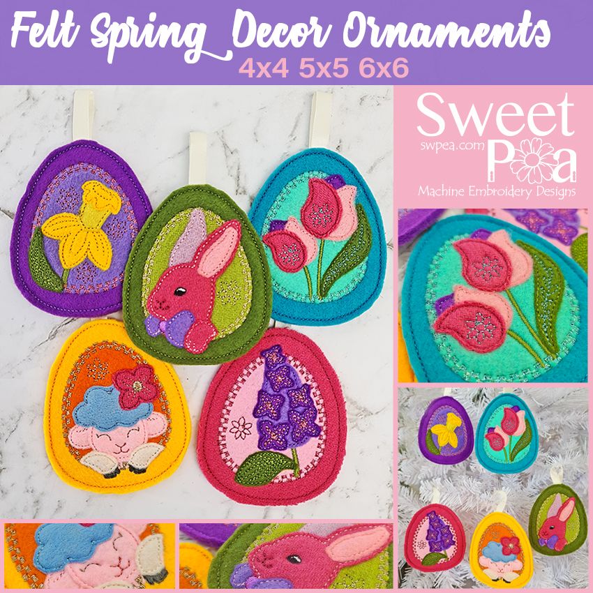 Felt Spring Decor Ornaments 4x4 5x5 6x6 - Sweet Pea Australia In the hoop machine embroidery designs. in the hoop project, in the hoop embroidery designs, craft in the hoop project, diy in the hoop project, diy craft in the hoop project, in the hoop embroidery patterns, design in the hoop patterns, embroidery designs for in the hoop embroidery projects, best in the hoop machine embroidery designs perfect for all hoops and embroidery machines