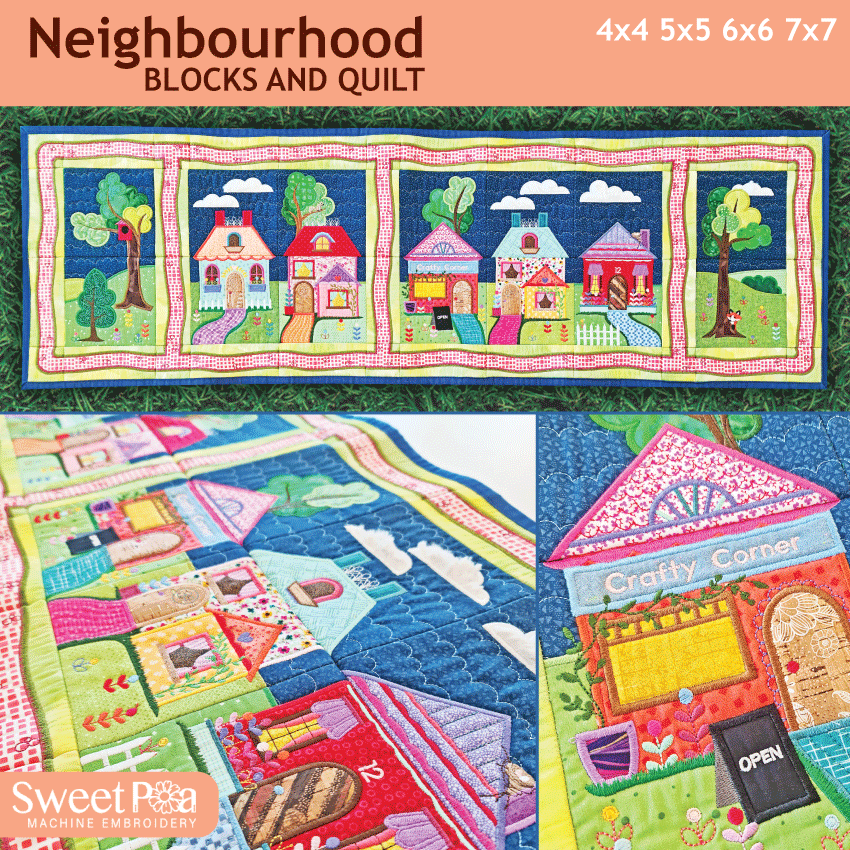 Neighbourhood Blocks and Quilt 4x4 5x5 6x6 7x7 - Sweet Pea Australia In the hoop machine embroidery designs. in the hoop project, in the hoop embroidery designs, craft in the hoop project, diy in the hoop project, diy craft in the hoop project, in the hoop embroidery patterns, design in the hoop patterns, embroidery designs for in the hoop embroidery projects, best in the hoop machine embroidery designs perfect for all hoops and embroidery machines