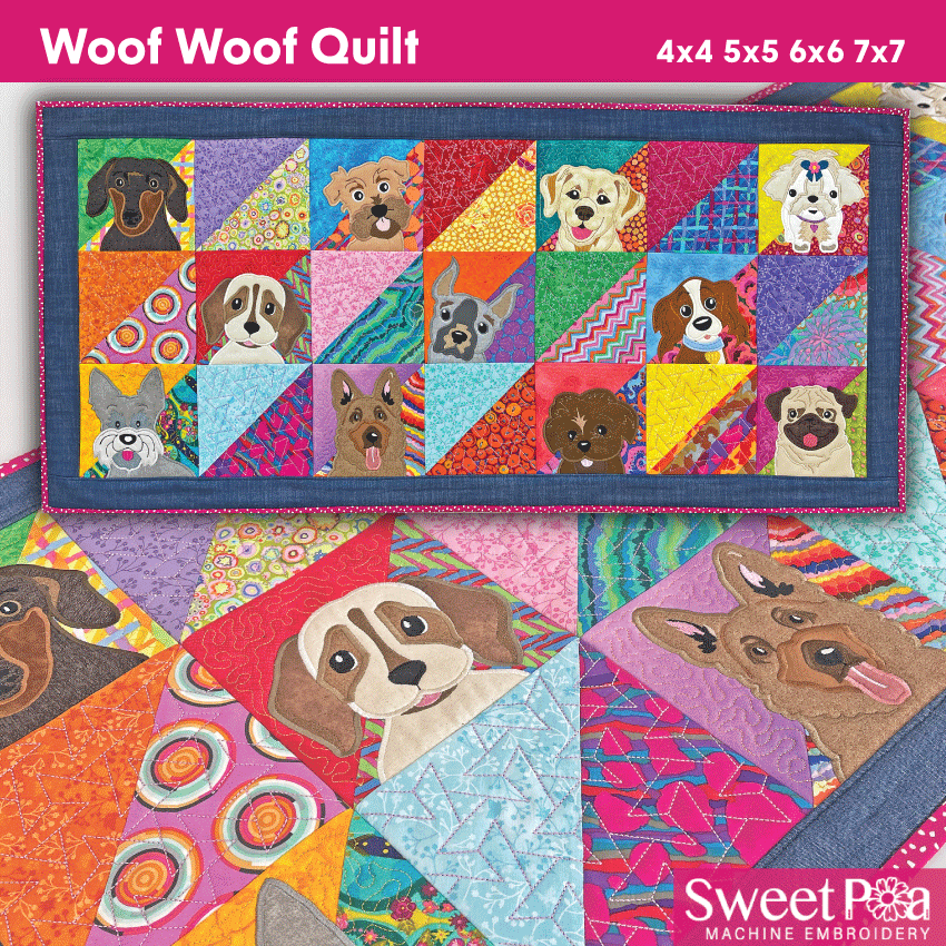 Woof Woof Quilt 4x4 5x5 6x6 7x7 - Sweet Pea Australia In the hoop machine embroidery designs. in the hoop project, in the hoop embroidery designs, craft in the hoop project, diy in the hoop project, diy craft in the hoop project, in the hoop embroidery patterns, design in the hoop patterns, embroidery designs for in the hoop embroidery projects, best in the hoop machine embroidery designs perfect for all hoops and embroidery machines