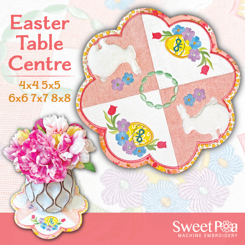 Easter Table Centre 4x4 5x5 6x6 7x7 8x8 - Sweet Pea Australia In the hoop machine embroidery designs. in the hoop project, in the hoop embroidery designs, craft in the hoop project, diy in the hoop project, diy craft in the hoop project, in the hoop embroidery patterns, design in the hoop patterns, embroidery designs for in the hoop embroidery projects, best in the hoop machine embroidery designs perfect for all hoops and embroidery machines