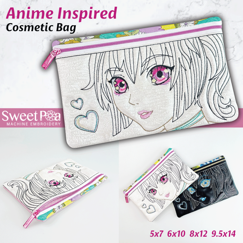 Anime Inspired Cosmetic Bag 5x7 6x10 8x12 9.5x14 - Sweet Pea Australia In the hoop machine embroidery designs. in the hoop project, in the hoop embroidery designs, craft in the hoop project, diy in the hoop project, diy craft in the hoop project, in the hoop embroidery patterns, design in the hoop patterns, embroidery designs for in the hoop embroidery projects, best in the hoop machine embroidery designs perfect for all hoops and embroidery machines