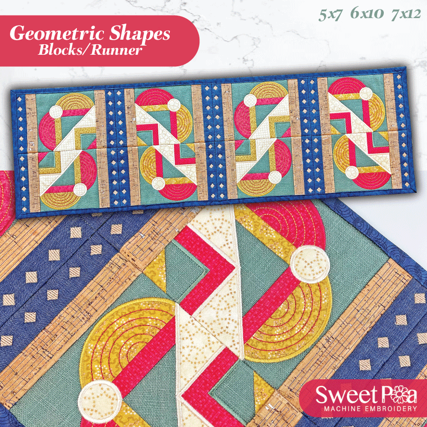 Geometric Shapes Blocks/Runner 5x7 6x10 7x12 - Sweet Pea Australia In the hoop machine embroidery designs. in the hoop project, in the hoop embroidery designs, craft in the hoop project, diy in the hoop project, diy craft in the hoop project, in the hoop embroidery patterns, design in the hoop patterns, embroidery designs for in the hoop embroidery projects, best in the hoop machine embroidery designs perfect for all hoops and embroidery machines