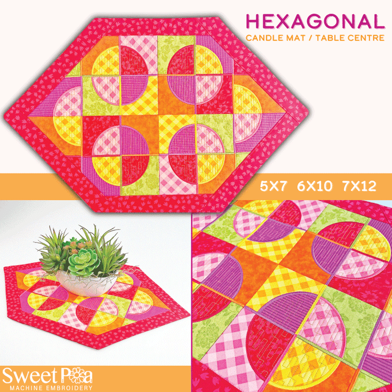 Hexagonal Candle Mat / Table Centre 5x7 6x10 7x12 - Sweet Pea In The Hoop Machine Embroidery Design