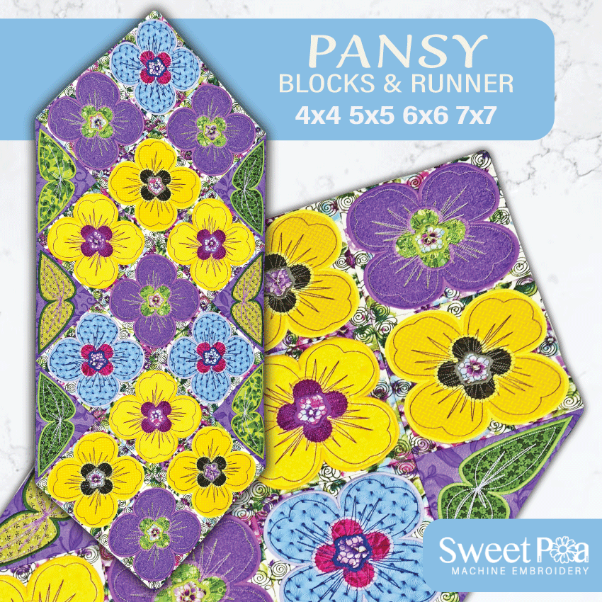 Pansy Blocks and Runner 4x4 5x5 6x6 7x7 - Sweet Pea Australia In the hoop machine embroidery designs. in the hoop project, in the hoop embroidery designs, craft in the hoop project, diy in the hoop project, diy craft in the hoop project, in the hoop embroidery patterns, design in the hoop patterns, embroidery designs for in the hoop embroidery projects, best in the hoop machine embroidery designs perfect for all hoops and embroidery machines