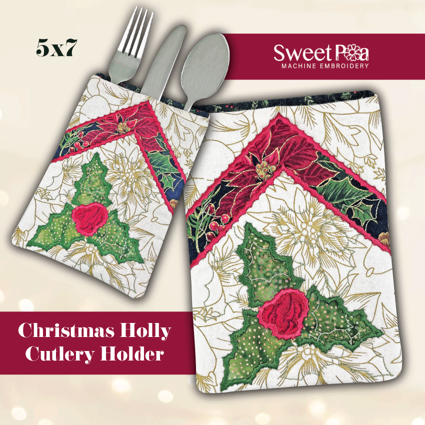 Christmas holly cutlery pocket 5x7 - Sweet Pea Australia In the hoop machine embroidery designs. in the hoop project, in the hoop embroidery designs, craft in the hoop project, diy in the hoop project, diy craft in the hoop project, in the hoop embroidery patterns, design in the hoop patterns, embroidery designs for in the hoop embroidery projects, best in the hoop machine embroidery designs perfect for all hoops and embroidery machines