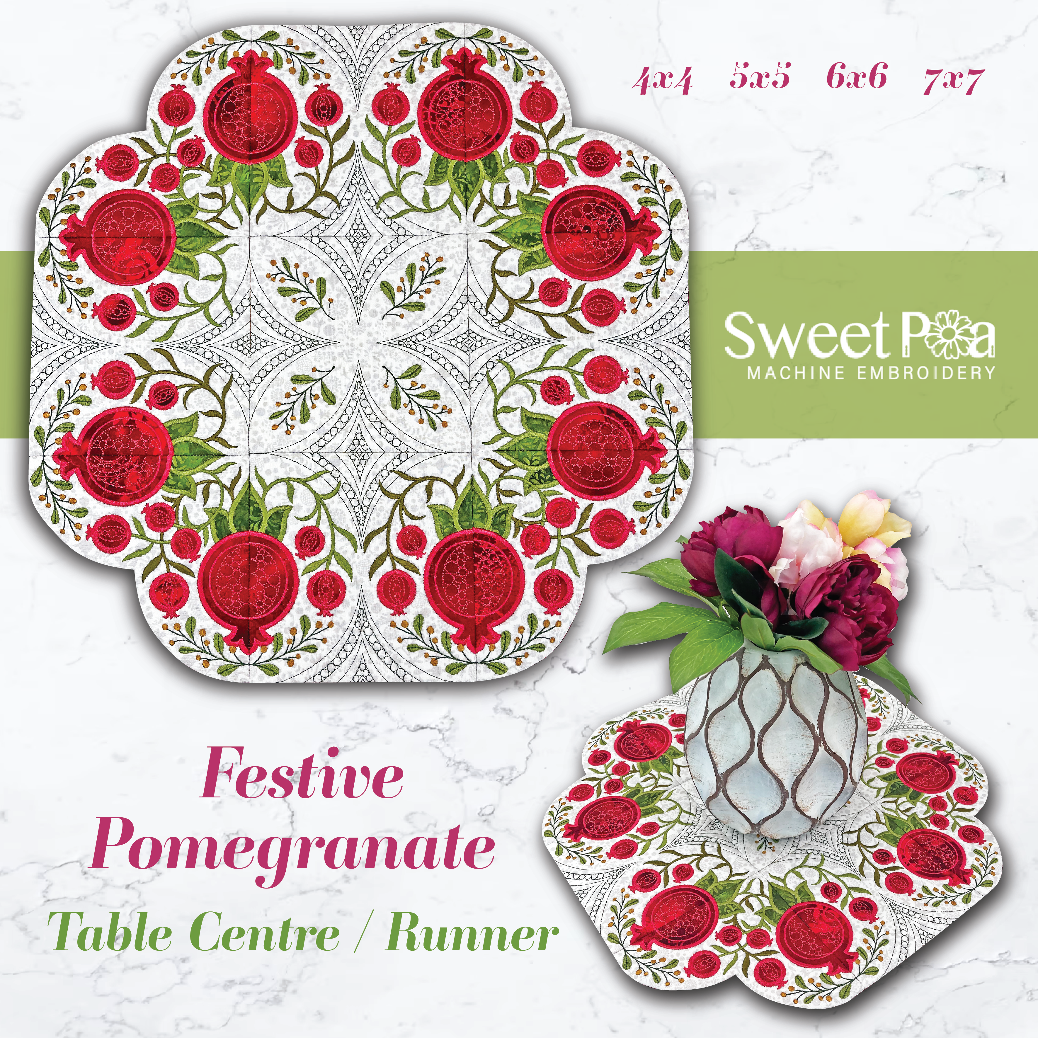 Festive Pomegranate Table Centre / Runner 4x4 5x5 6x6 7x7 - Sweet Pea Australia In the hoop machine embroidery designs. in the hoop project, in the hoop embroidery designs, craft in the hoop project, diy in the hoop project, diy craft in the hoop project, in the hoop embroidery patterns, design in the hoop patterns, embroidery designs for in the hoop embroidery projects, best in the hoop machine embroidery designs perfect for all hoops and embroidery machines