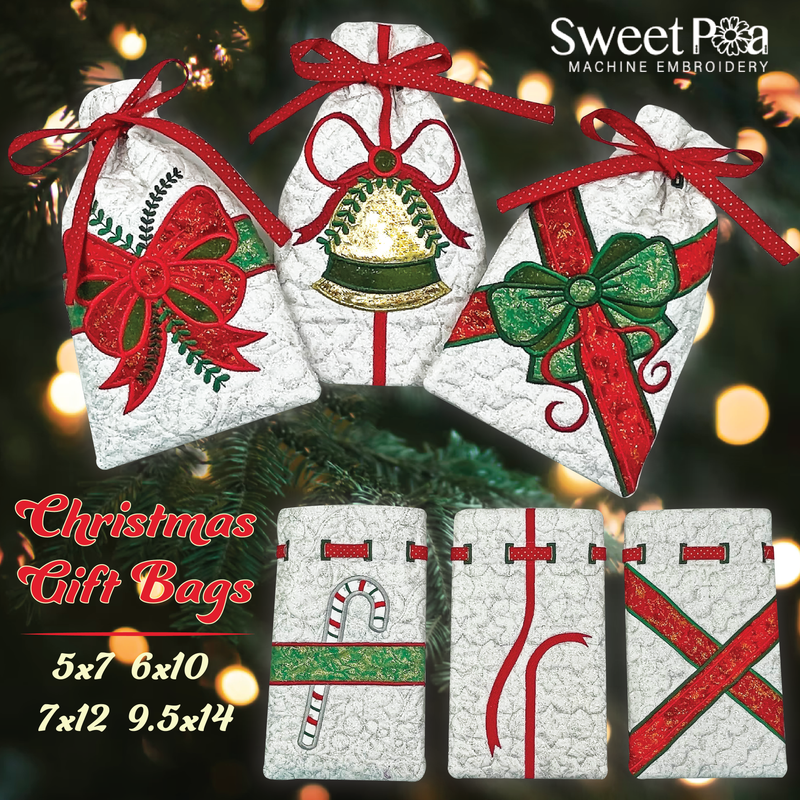 Christmas Gift Bags 5x7 6x10 7x12 9.5x14 - Sweet Pea In The Hoop Machine Embroidery Design