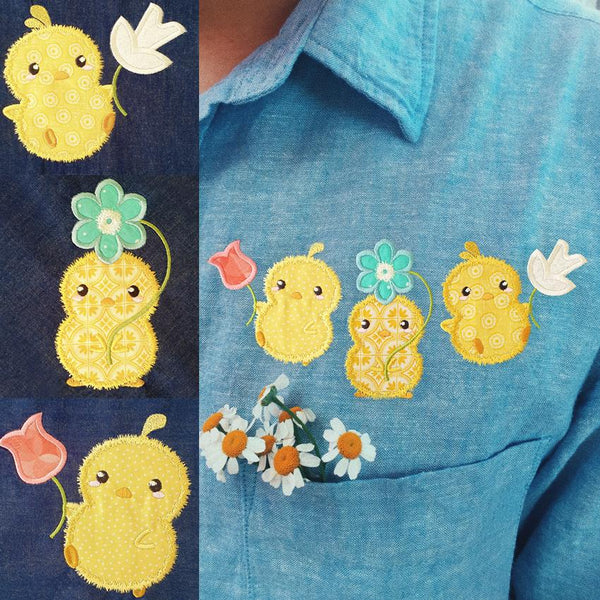 Chicks & Spring Flowers Applique Design