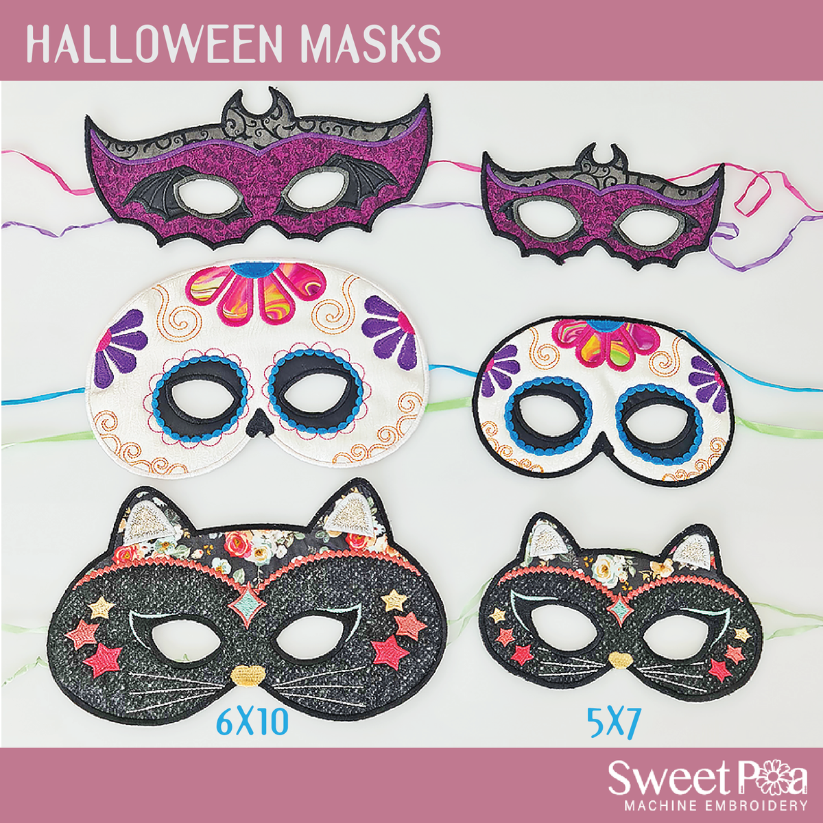Halloween Masks 5x7 6x10 Machine Embroidery Design ITH