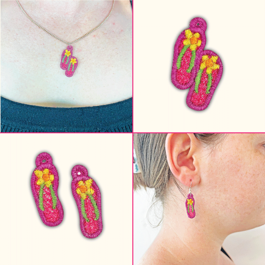 Flip flop fsl earrings design in the 4x4 hoop - Sweet Pea Australia In the hoop machine embroidery designs. in the hoop project, in the hoop embroidery designs, craft in the hoop project, diy in the hoop project, diy craft in the hoop project, in the hoop embroidery patterns, design in the hoop patterns, embroidery designs for in the hoop embroidery projects, best in the hoop machine embroidery designs perfect for all hoops and embroidery machines