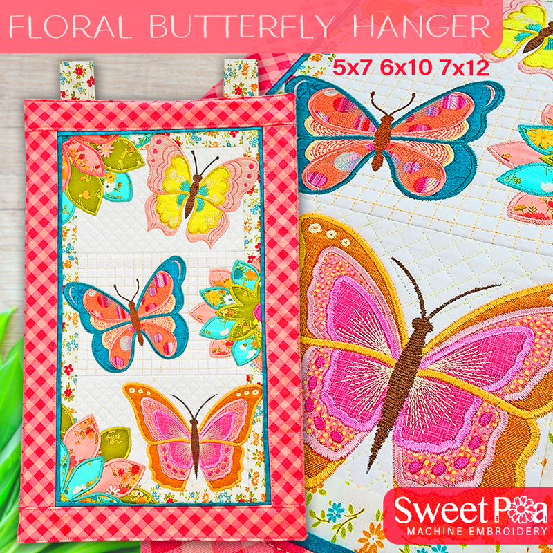 Floral Butterfly Hanger 5x7 6x10 7x12 - Sweet Pea In The Hoop Machine Embroidery Design hoop machine embroidery designs, embroidery patterns, embroidery set, embroidery appliqué, hoop embroidery designs, small hoop designs, the best in the hoop machine embroidery designs, the best in the hoop sewing and embroidery designs