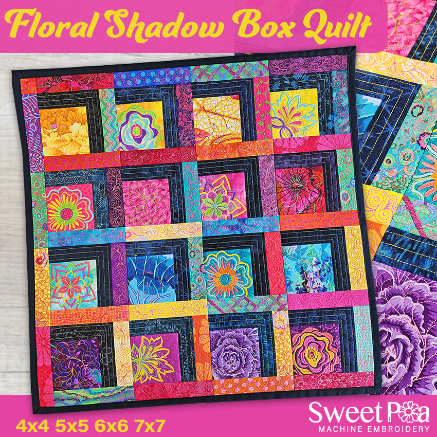 Floral Shadow Box Quilt 4x4 5x5 6x6 7x7 In the hoop machine embroidery designs