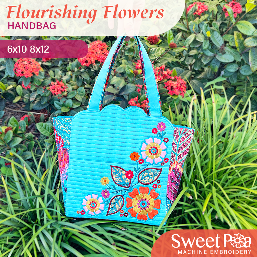 Flourishing Flowers Handbag 6x10 8x12 - Sweet Pea Australia In the hoop machine embroidery designs. in the hoop project, in the hoop embroidery designs, craft in the hoop project, diy in the hoop project, diy craft in the hoop project, in the hoop embroidery patterns, design in the hoop patterns, embroidery designs for in the hoop embroidery projects, best in the hoop machine embroidery designs perfect for all hoops and embroidery machines