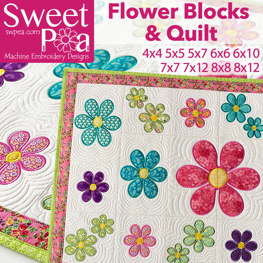 Flower Blocks and Quilt 4x4 5x7 6x10 7x12 8x8 - Sweet Pea Australia In the hoop machine embroidery designs. in the hoop project, in the hoop embroidery designs, craft in the hoop project, diy in the hoop project, diy craft in the hoop project, in the hoop embroidery patterns, design in the hoop patterns, embroidery designs for in the hoop embroidery projects, best in the hoop machine embroidery designs perfect for all hoops and embroidery machines