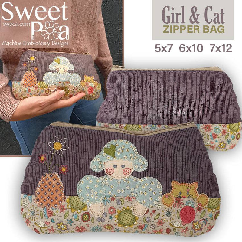 Girl and Cat Zipper Bag 5x7 6x10 7x12 - Sweet Pea