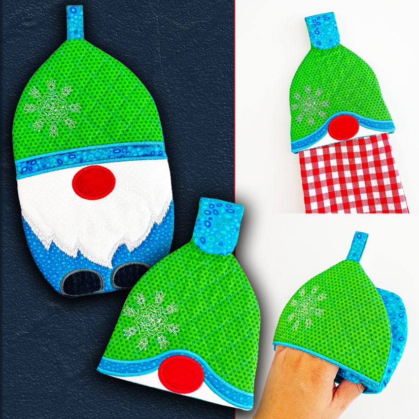 Gnome Oven Mitt & Tea Towel Topper Set In the hoop machine embroidery designs