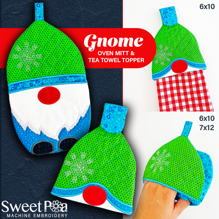 Gnome Oven Mitt & Tea Towel Topper Set In the hoop machine embroidery designs