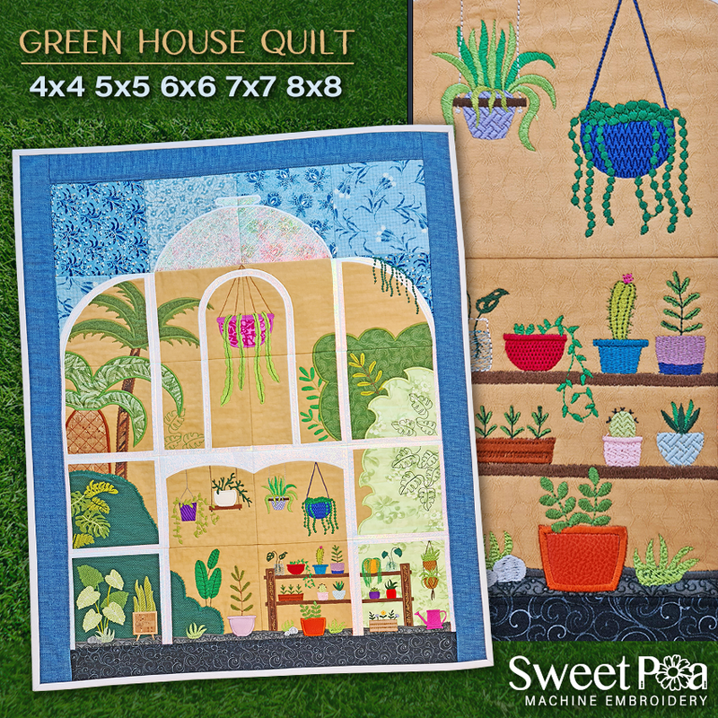 Green House Quilt 4x4 5x5 6x6 7x7 8x8 - Sweet Pea In The Hoop Machine Embroidery Design