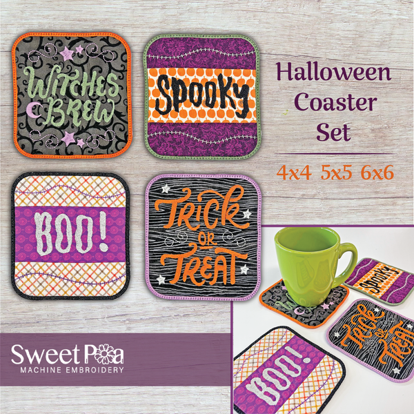 Halloween Coasters 4x4 5x5 6x6 - Sweet Pea In The Hoop Machine Embroidery Design