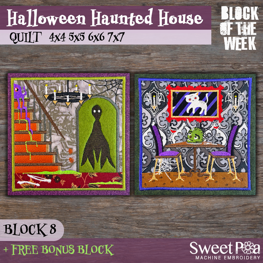 BOW Halloween Haunted House Quilt - Block 8 In the hoop machine embroidery designs