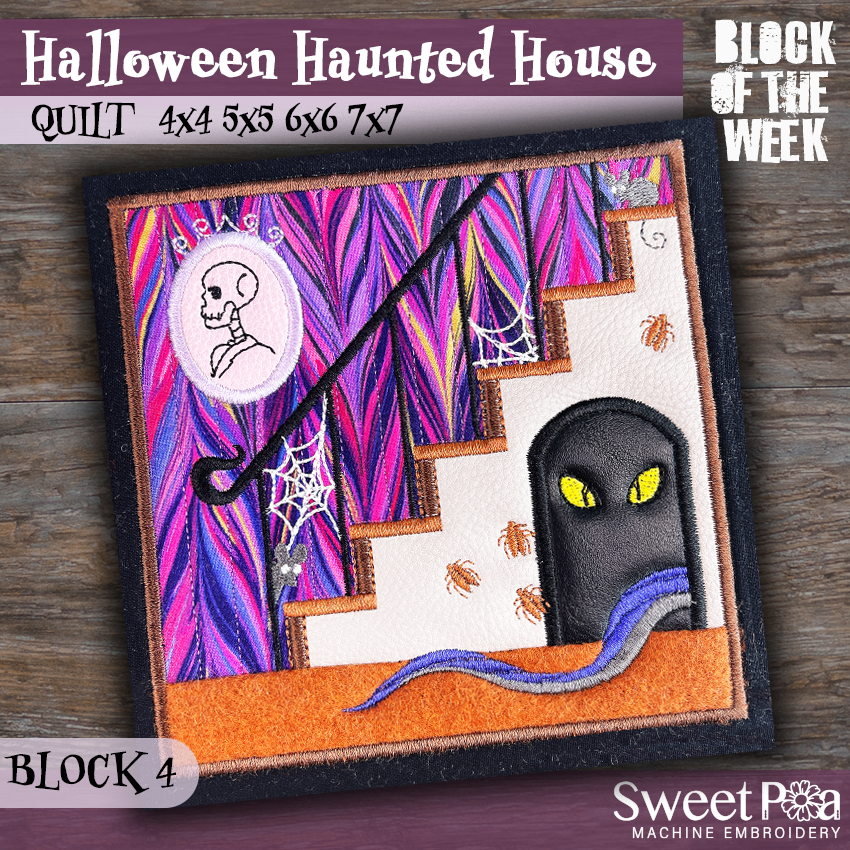 BOW Halloween Haunted House Quilt - Block 4 In the hoop machine embroidery designs