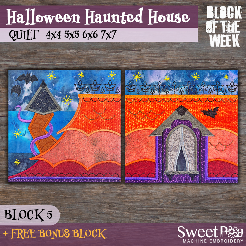 BOW Halloween Haunted House Quilt - Block 5 In the hoop machine embroidery designs