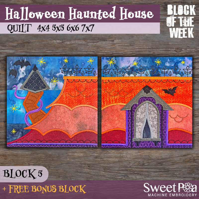 BOW Halloween Haunted House Quilt - Block 5 - Sweet Pea In The Hoop Machine Embroidery Design hoop machine embroidery designs, embroidery patterns, embroidery set, embroidery appliqué, hoop embroidery designs, small hoop designs, the best in the hoop machine embroidery designs, the best in the hoop sewing and embroidery designs
