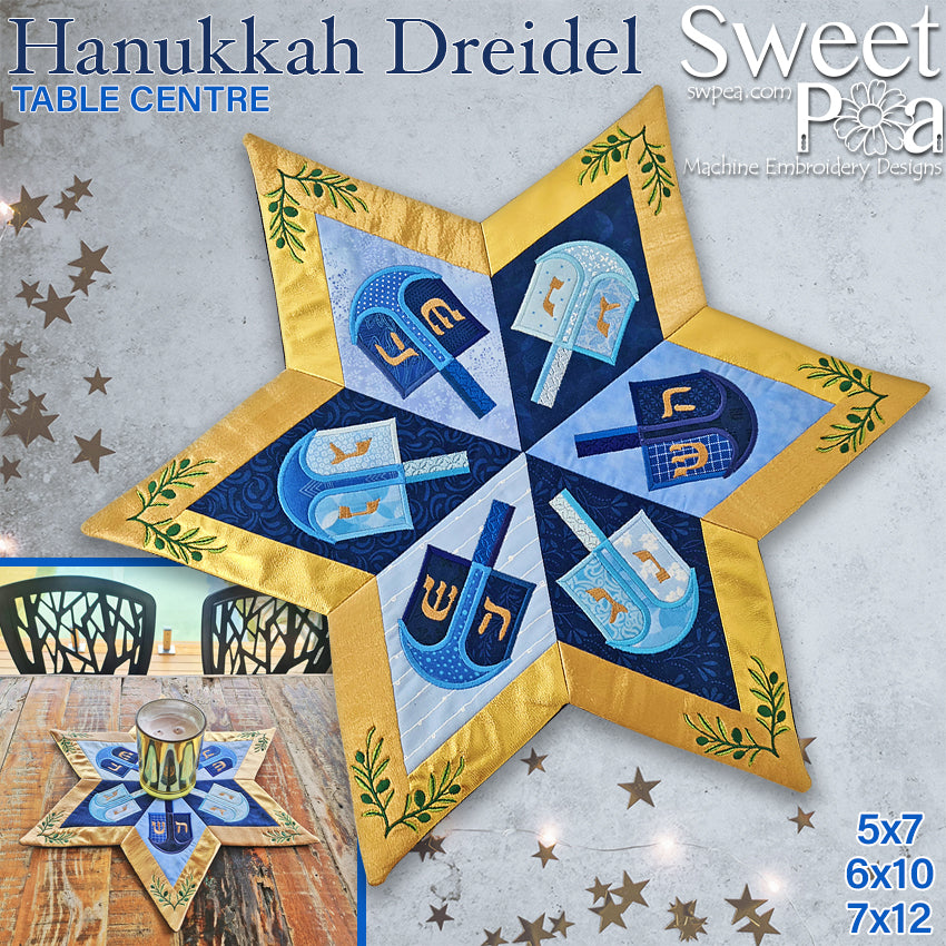 Hanukkah Dreidel Table Centre 5x7 6x10 7x12 - Sweet Pea Australia In the hoop machine embroidery designs. in the hoop project, in the hoop embroidery designs, craft in the hoop project, diy in the hoop project, diy craft in the hoop project, in the hoop embroidery patterns, design in the hoop patterns, embroidery designs for in the hoop embroidery projects, best in the hoop machine embroidery designs perfect for all hoops and embroidery machines