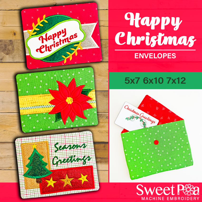 Happy Christmas Envelopes 5x7 6x10 7x12 In the hoop machine embroidery designs