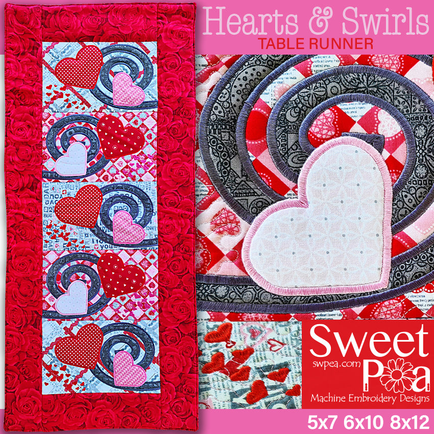 Hearts and Swirls Table Runner or Flag 5x7 6x10 8x12 - Sweet Pea Australia In the hoop machine embroidery designs. in the hoop project, in the hoop embroidery designs, craft in the hoop project, diy in the hoop project, diy craft in the hoop project, in the hoop embroidery patterns, design in the hoop patterns, embroidery designs for in the hoop embroidery projects, best in the hoop machine embroidery designs perfect for all hoops and embroidery machines