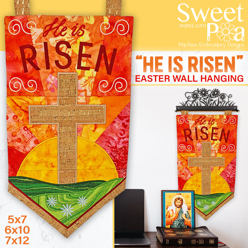 "He is Risen" Wall Hanging 5x7 6x10 7x12 - Sweet Pea Australia In the hoop machine embroidery designs. in the hoop project, in the hoop embroidery designs, craft in the hoop project, diy in the hoop project, diy craft in the hoop project, in the hoop embroidery patterns, design in the hoop patterns, embroidery designs for in the hoop embroidery projects, best in the hoop machine embroidery designs perfect for all hoops and embroidery machines