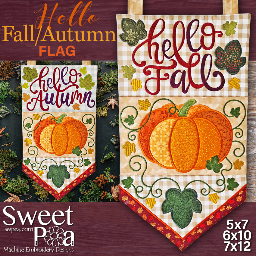 Hello Fall/Autumn Flag 5x7 6x10 7x12 - Sweet Pea Australia In the hoop machine embroidery designs. in the hoop project, in the hoop embroidery designs, craft in the hoop project, diy in the hoop project, diy craft in the hoop project, in the hoop embroidery patterns, design in the hoop patterns, embroidery designs for in the hoop embroidery projects, best in the hoop machine embroidery designs perfect for all hoops and embroidery machines