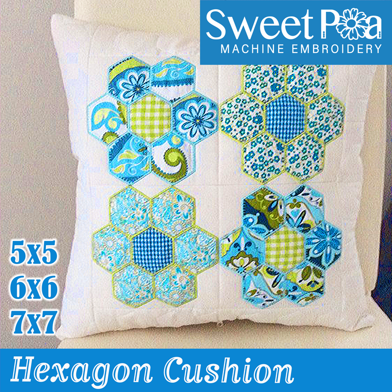 Hexagon Cushion and Quilt Block 5x5 6x6 7x7 - Sweet Pea In The Hoop Machine Embroidery Design hoop machine embroidery designs, embroidery patterns, embroidery set, embroidery appliqué, hoop embroidery designs, small hoop designs, the best in the hoop machine embroidery designs, the best in the hoop sewing and embroidery designs