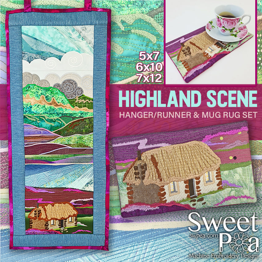 Highland Scene Hanger or Runner & Mug Rug Set - Sweet Pea Australia In the hoop machine embroidery designs. in the hoop project, in the hoop embroidery designs, craft in the hoop project, diy in the hoop project, diy craft in the hoop project, in the hoop embroidery patterns, design in the hoop patterns, embroidery designs for in the hoop embroidery projects, best in the hoop machine embroidery designs perfect for all hoops and embroidery machines